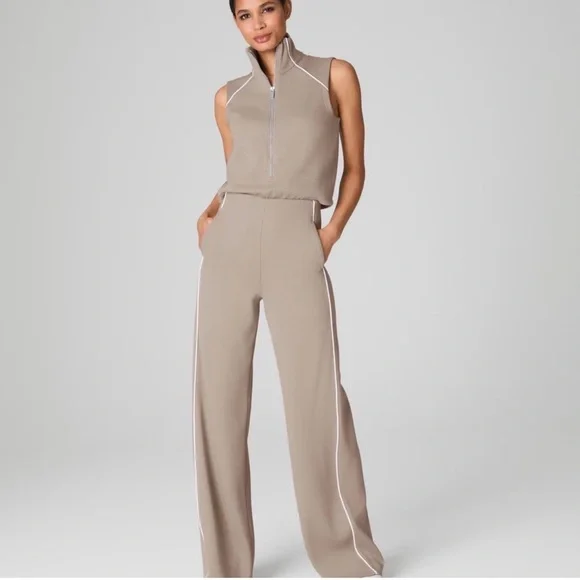 SPANX AirEssentials Sleeveless Wide-Leg Jumpsuit in Taupe with White Piping - Picture 1 of 9